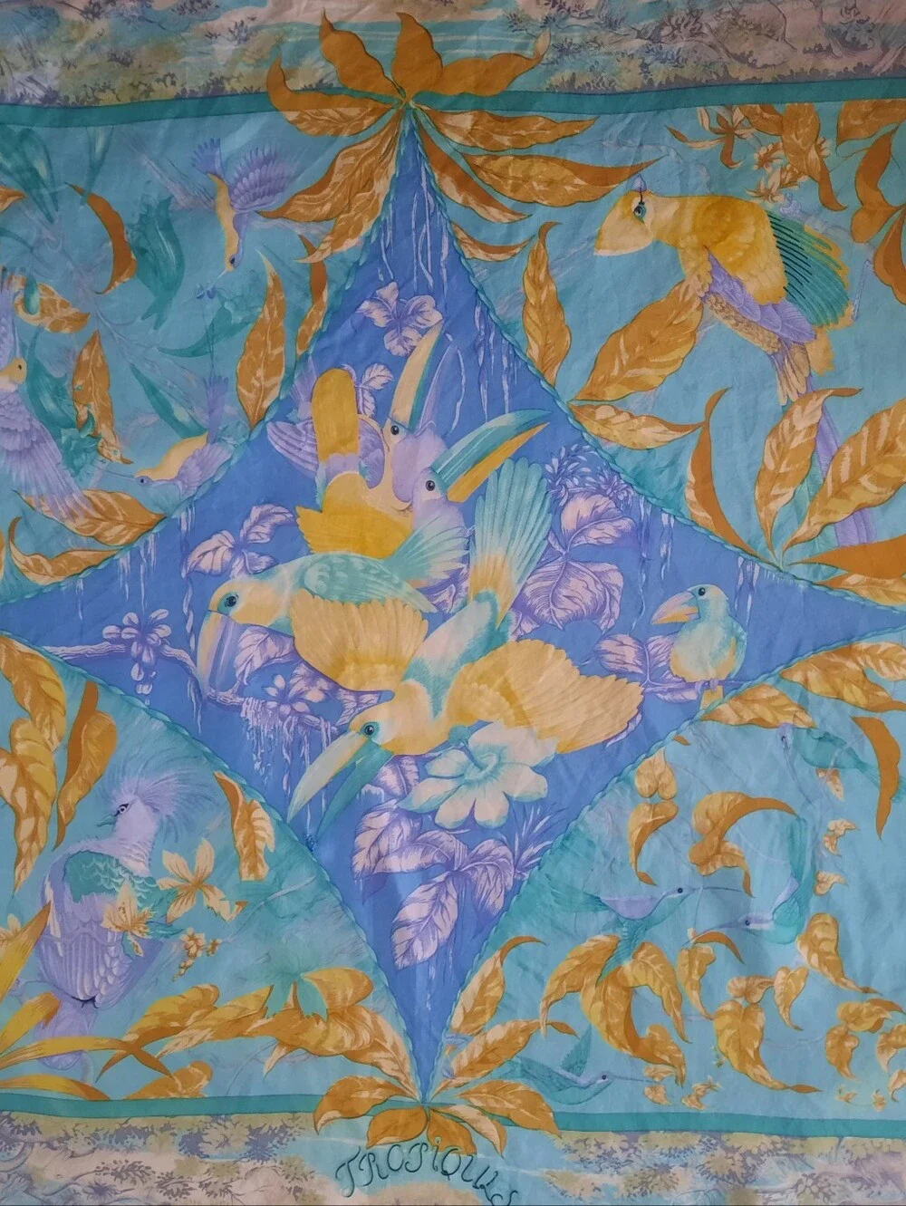 Vintage HERMÈS Tropiques Silk Twill Scarf 90cm Blue/Multi (Altered/Trim Added) - Picture 10 of 16